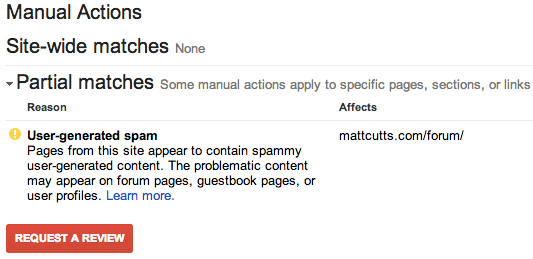 Google Webmaster Tools Manual Actions Section
