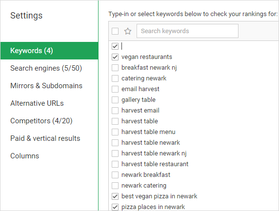 rank tracker settings keywords