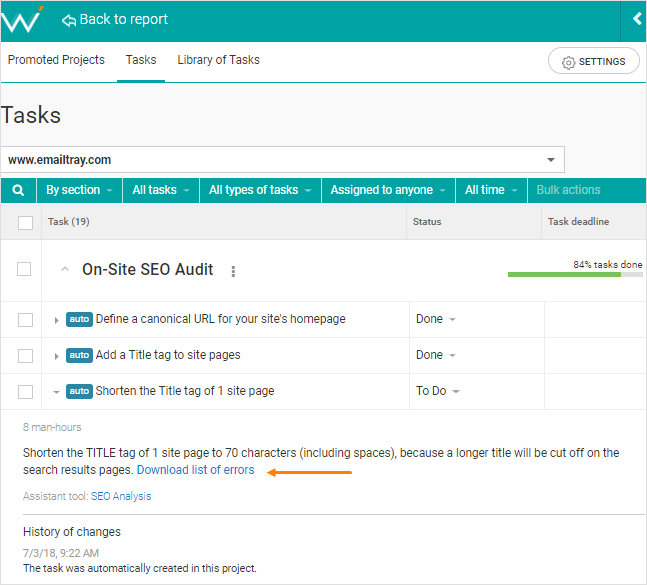 Download an SEO report without leaving the Tasks screen.