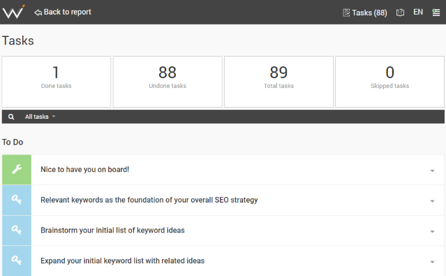 Tasks encompass all things SEO: keywords, rankings, backlinks and many others.